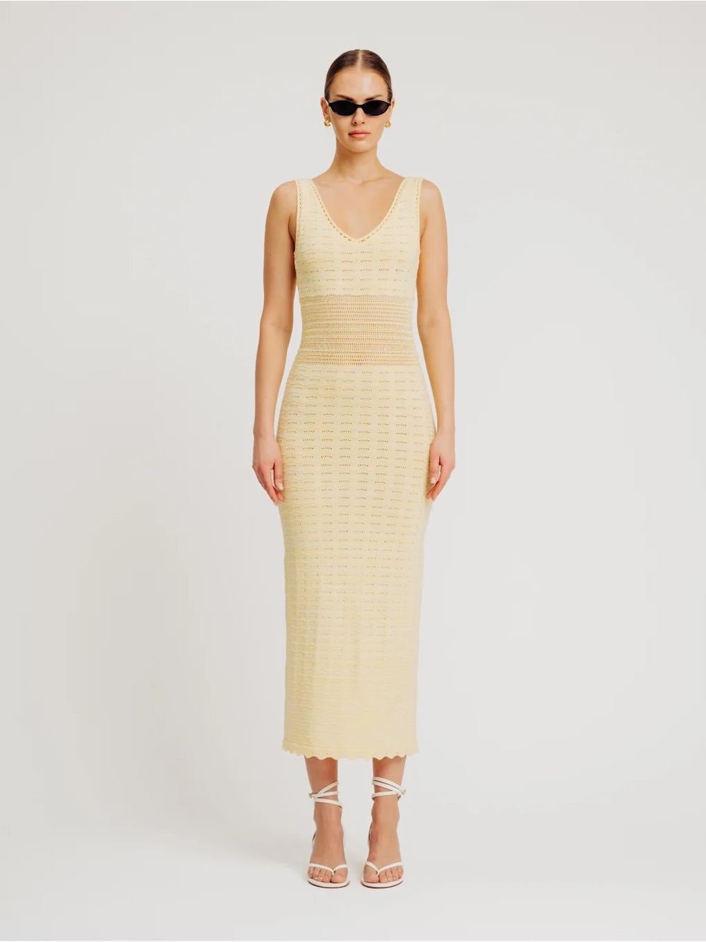 Torn by Ronny Kobo Pale Yellow Sleeveless V-Neck Knit Midi Dress